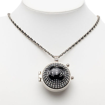 Chanel CC Logo Line Stone Mila Necklace Silver Black Metal Leather
