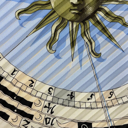 Hermes Carre 90 Dies ET Hore Astrology Sun Pleated Scarf Silk Light Blue