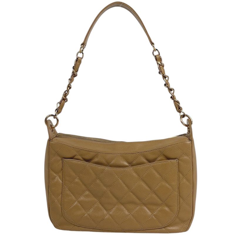 Chanel CC Logo Chain Shoulder Bag Quilted Bag Caviar Leather Beige