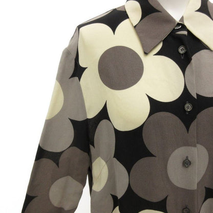 Celine Silk Shirt Blouse Long Sleeve Sleeveless Floral Print 42 Black White
