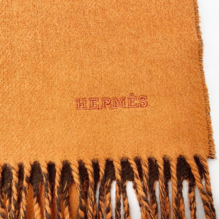 Hermes Scarf Orange Brown Cashmere Logo Bicolor