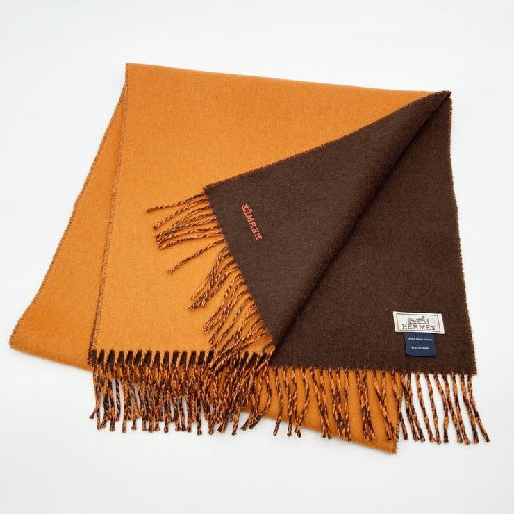 Hermes Scarf Orange Brown Cashmere Logo Bicolor