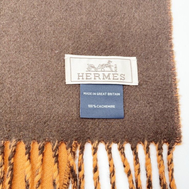 Hermes Scarf Orange Brown Cashmere Logo Bicolor