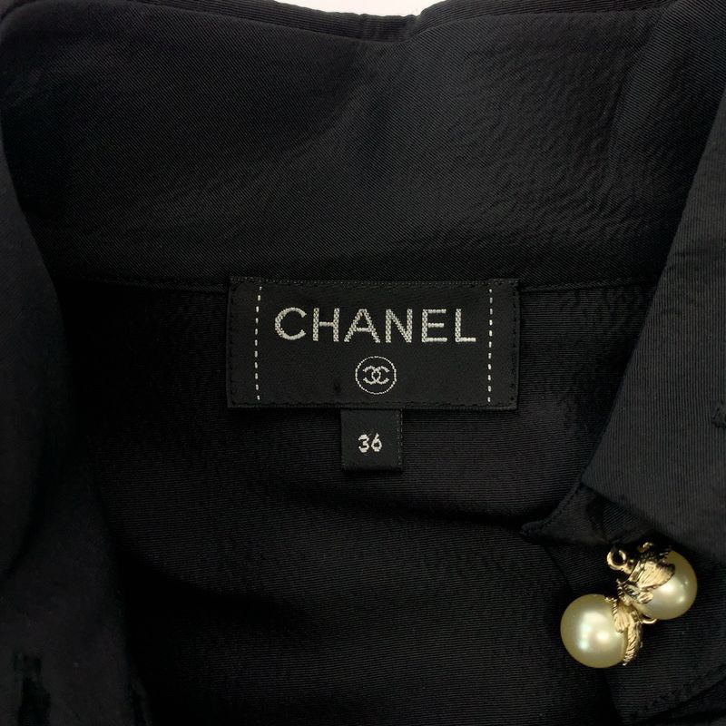 Chanel Faux Pearl 36 Black Gold Silk Long Sleeve Shirt Dress