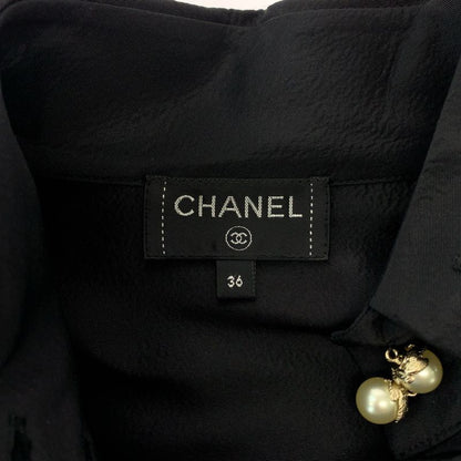 Chanel Faux Pearl 36 Black Gold Silk Long Sleeve Shirt Dress