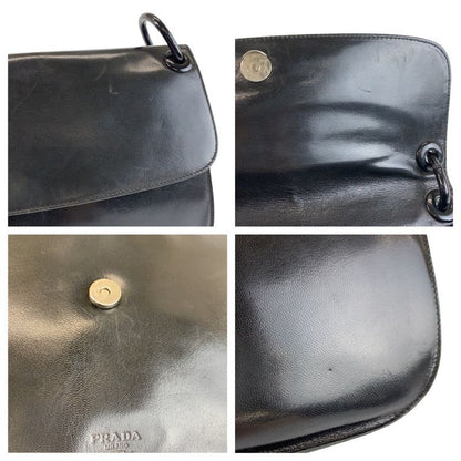 Prada Logo Embossed Black Leather Plastic Chain Shoulder Bag