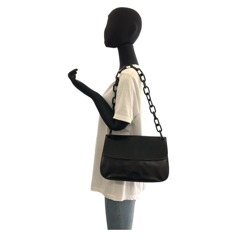 Prada Logo Embossed Black Leather Plastic Chain Shoulder Bag