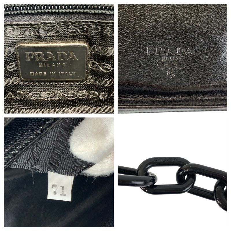 Prada Logo Embossed Black Leather Plastic Chain Shoulder Bag