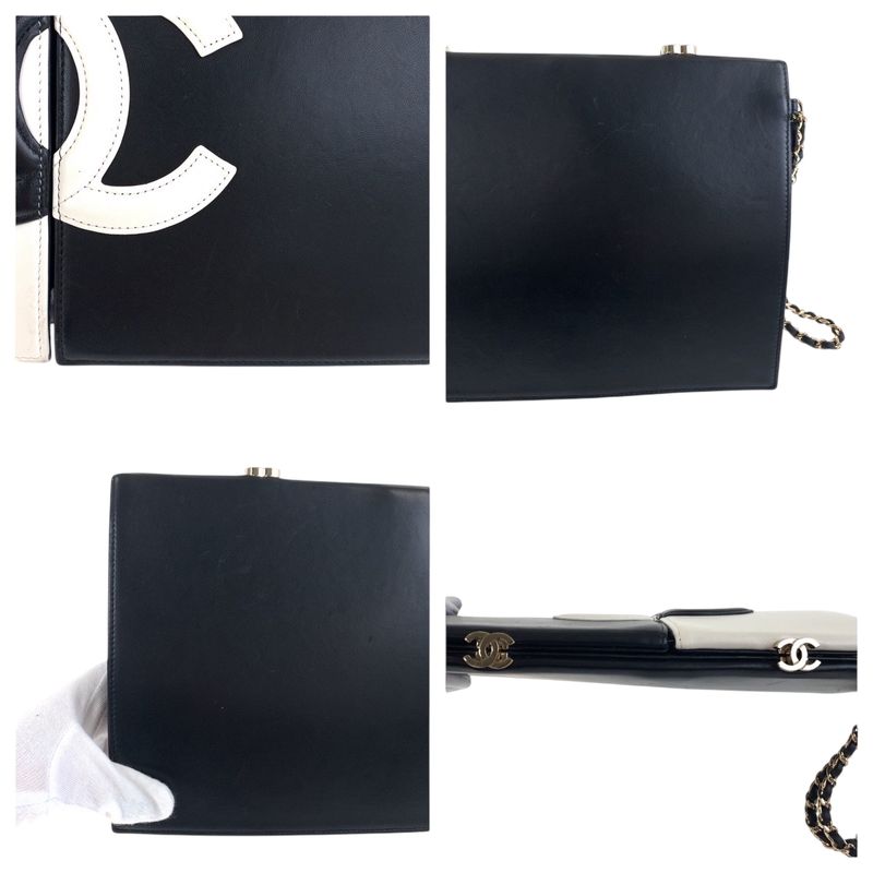 Chanel CC Logo White Black Gold Lambskin Clutch