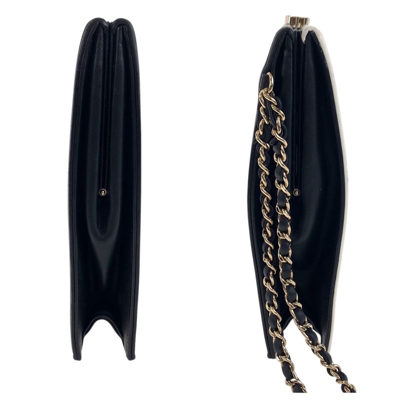 Chanel CC Logo White Black Gold Lambskin Clutch