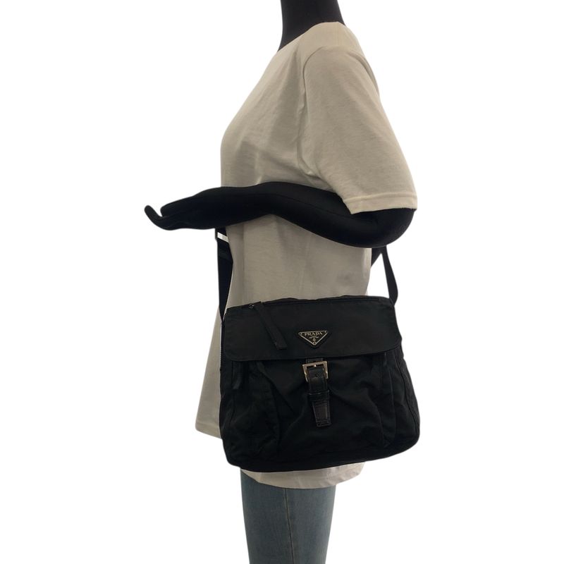 Prada Tessuto Black Silver Nylon Shoulder Bag