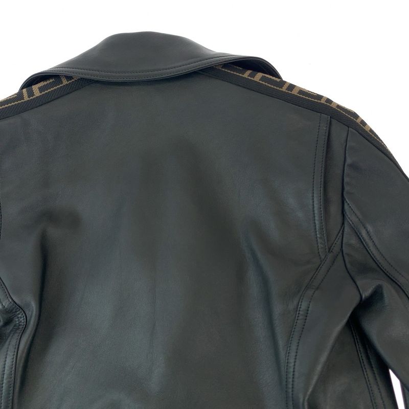 Fendi Zucca Pattern 36 Black Brown Silver Lambskin Riders Jacket