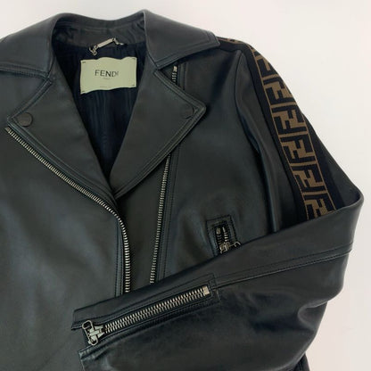 Fendi Zucca Pattern 36 Black Brown Silver Lambskin Riders Jacket