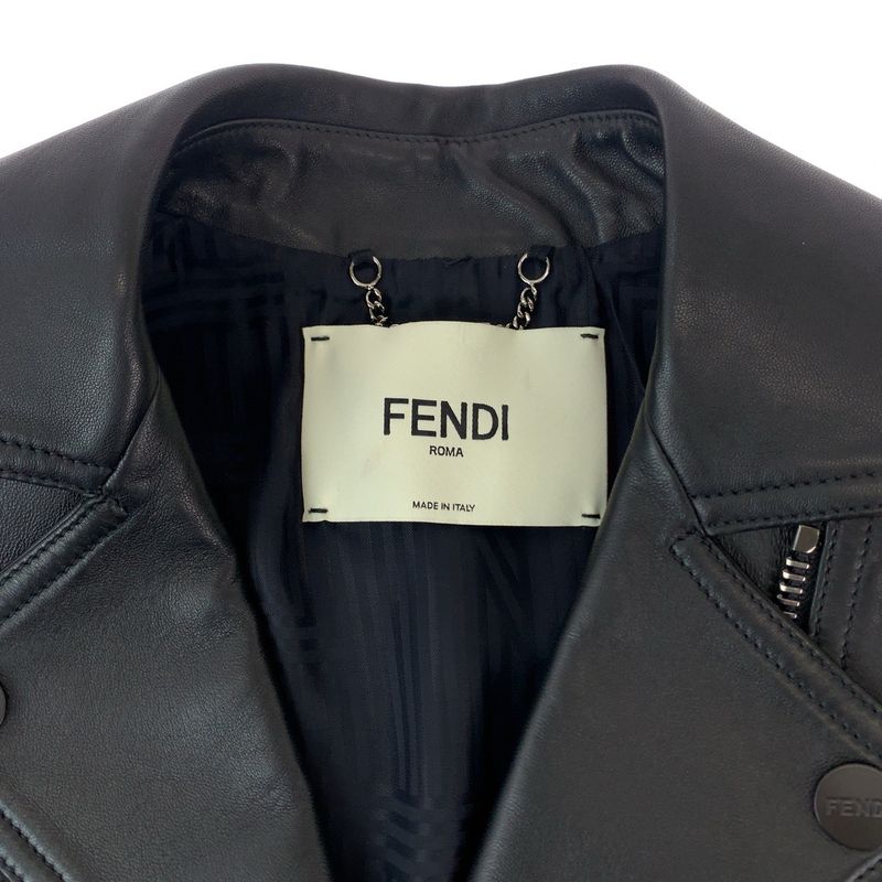 Fendi Zucca Pattern 36 Black Brown Silver Lambskin Riders Jacket