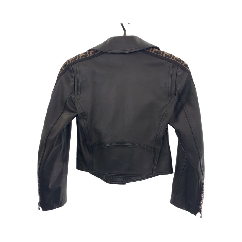 Fendi Zucca Pattern 36 Black Brown Silver Lambskin Riders Jacket