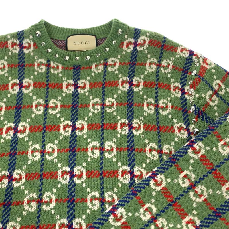 Gucci Neck Studs GG Allover Pattern S Multicolor Silver Wool Metal Knit Sweater