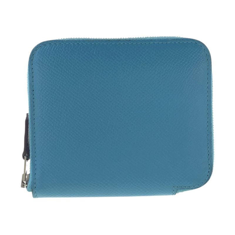 Hermes Azap Compact Silk in Blue Silver Leather Fold Wallet Coin Purse
