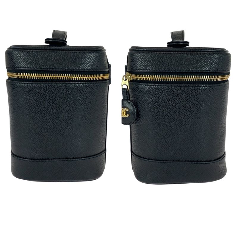 Chanel CC Logo Black Gold Caviar Leather Handbag Vanity Makeup Pouch