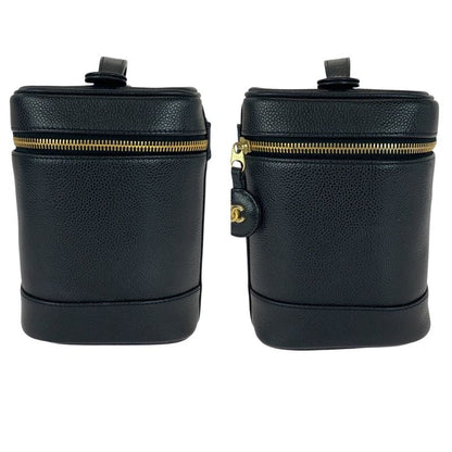 Chanel CC Logo Black Gold Caviar Leather Handbag Vanity Makeup Pouch