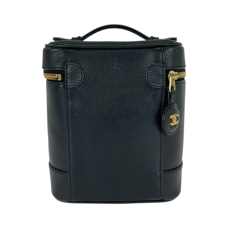 Chanel CC Logo Black Gold Caviar Leather Handbag Vanity Makeup Pouch
