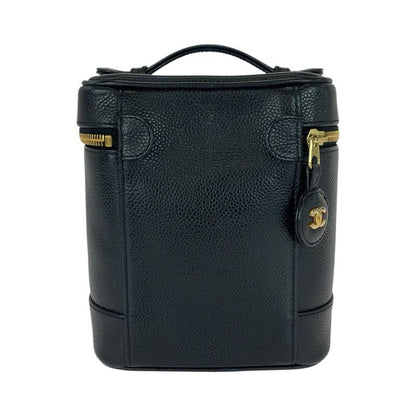Chanel CC Logo Black Gold Caviar Leather Handbag Vanity Makeup Pouch