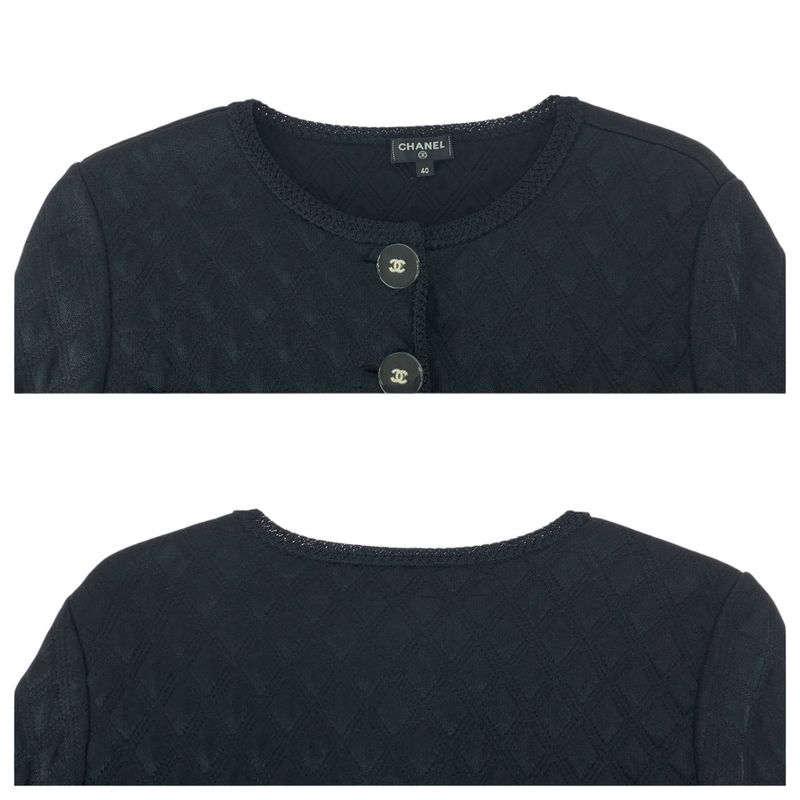 Chanel CC Logo 40 Black Silk Polyester Collarless Jacket