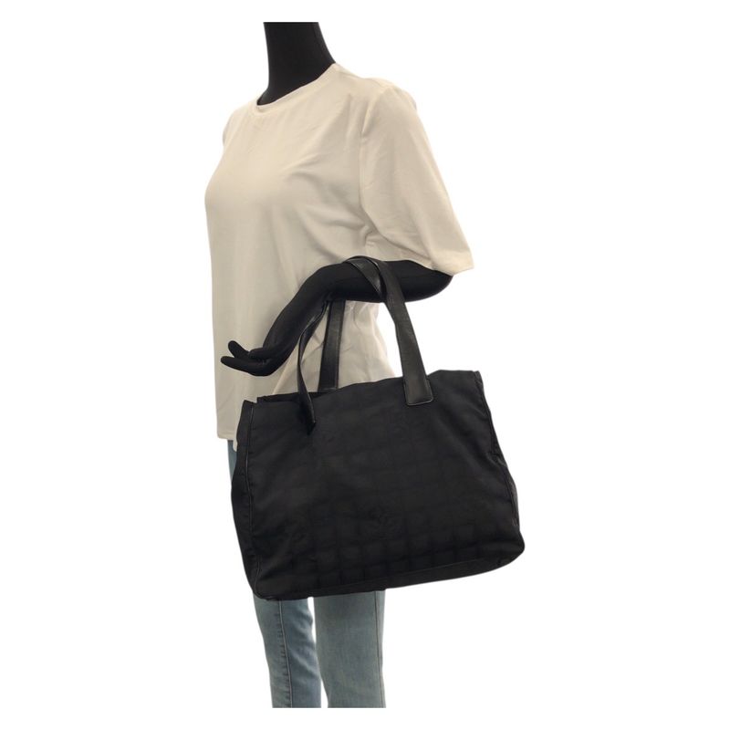 Chanel New Travel Line MM Black Nylon Leather Tote Shoulder Bag