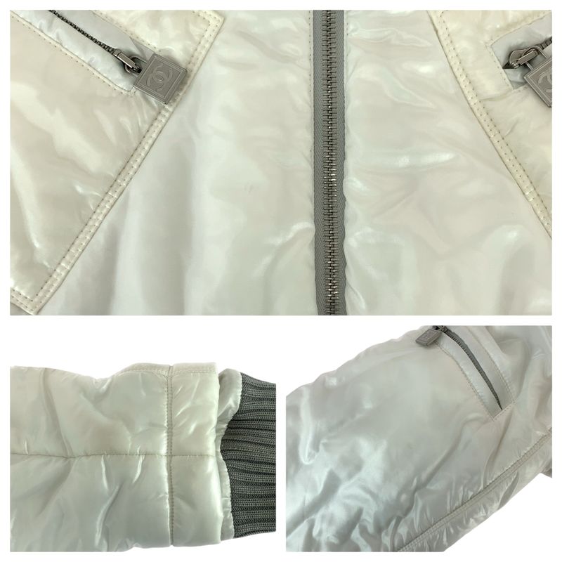 Chanel CC Logo 44 White Gray Silver Nylon Down Jacket