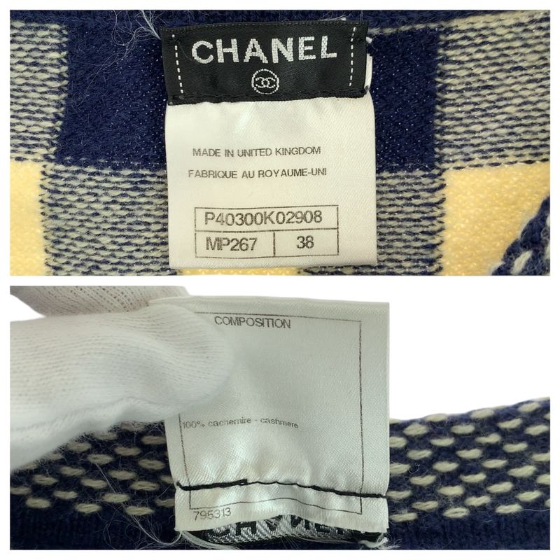 Chanel CC Logo Check 38 Navy Off White Cashmere Dress Knit