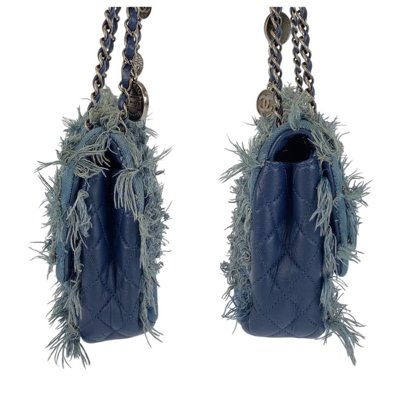 Chanel CC Logo Turnlock Blue Silver Denim Leather Chain Shoulder Bag