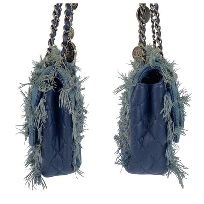 Chanel CC Logo Turnlock Blue Silver Denim Leather Chain Shoulder Bag