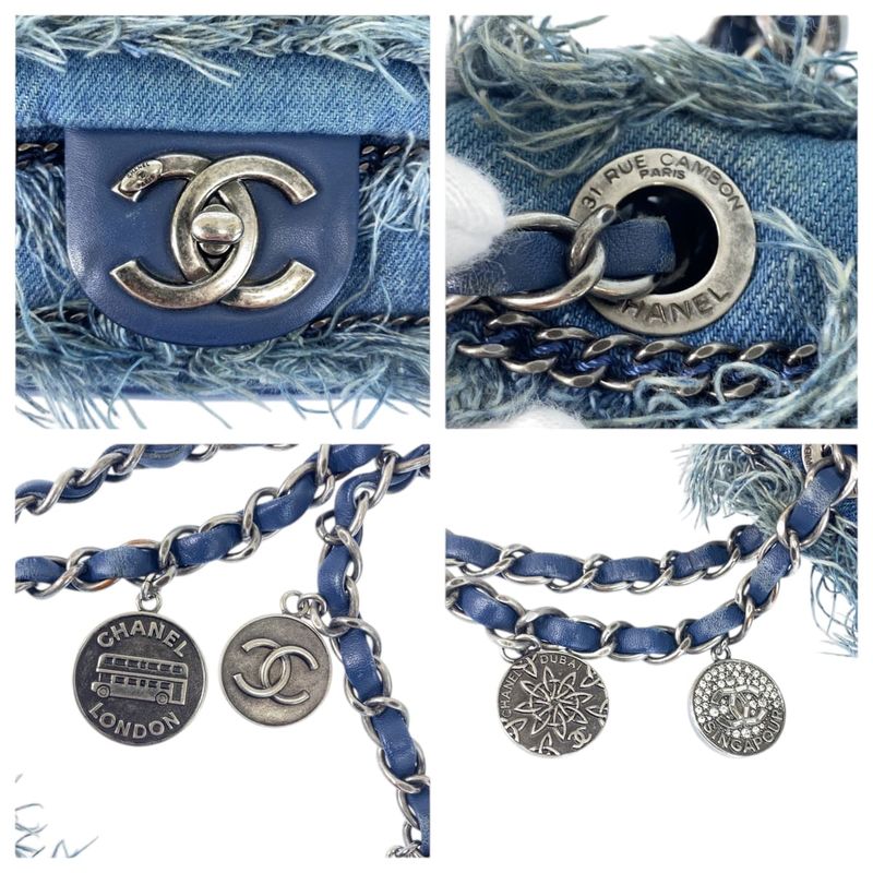 Chanel CC Logo Turnlock Blue Silver Denim Leather Chain Shoulder Bag