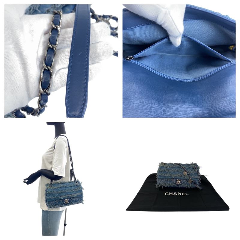 Chanel CC Logo Turnlock Blue Silver Denim Leather Chain Shoulder Bag