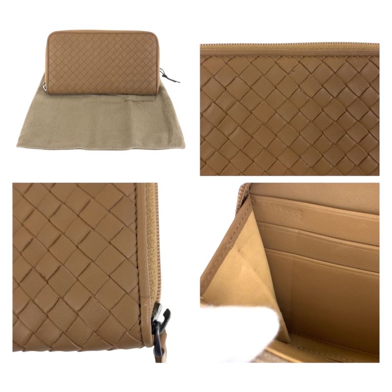 Bottega Veneta Beige Gunmetal Leather Wallet Zip Around