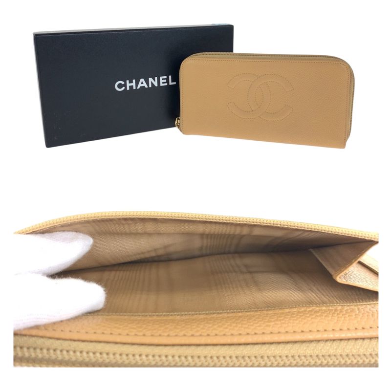 Chanel CC Logo Beige Gold Caviar Leather Wallet Zip Around