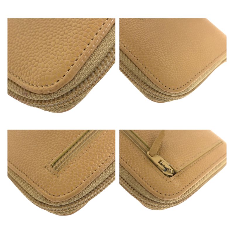 Chanel CC Logo Beige Gold Caviar Leather Wallet Zip Around