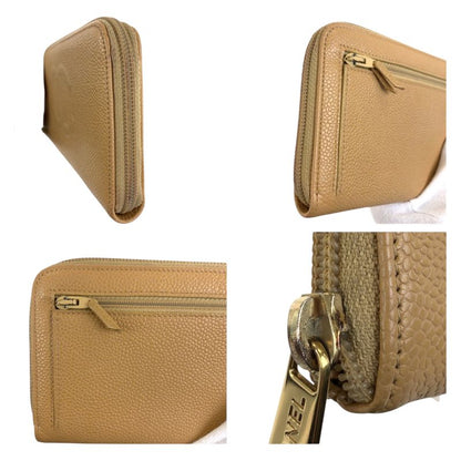 Chanel CC Logo Beige Gold Caviar Leather Wallet Zip Around