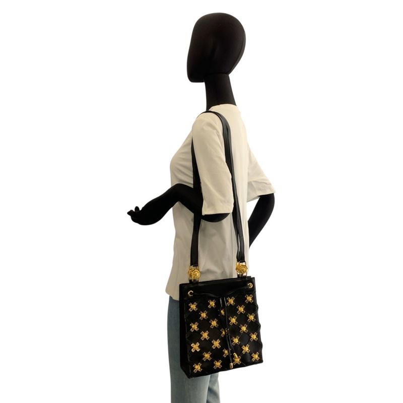 Versace Vintage Medusa Black Gold Leather Shoulder Bag Pochette
