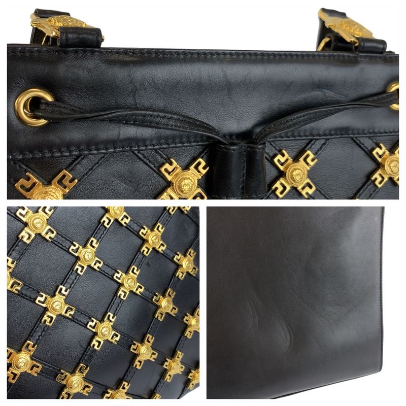 Versace Vintage Medusa Black Gold Leather Shoulder Bag Pochette