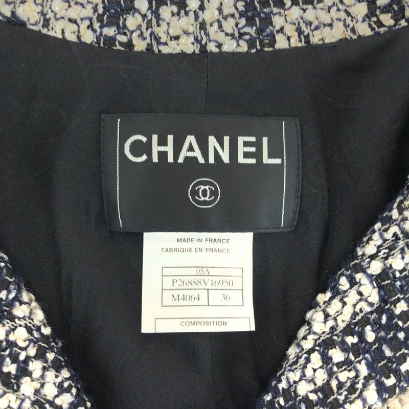 Chanel CC Logo 36 Navy White Tailored Jacket Tweed