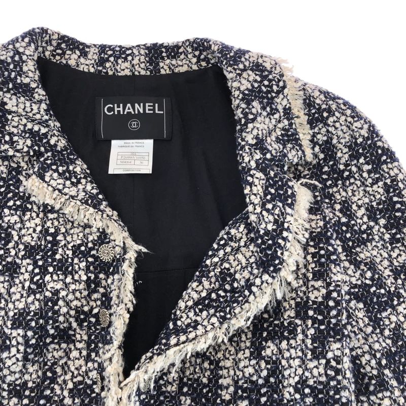 Chanel CC Logo 36 Navy White Tailored Jacket Tweed