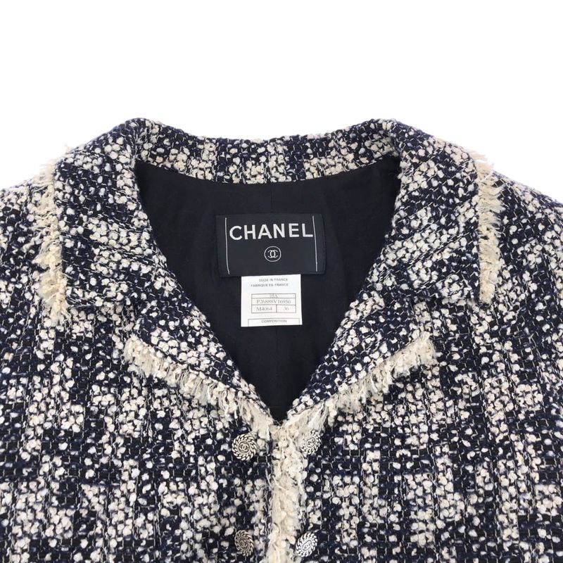 Chanel CC Logo 36 Navy White Tailored Jacket Tweed
