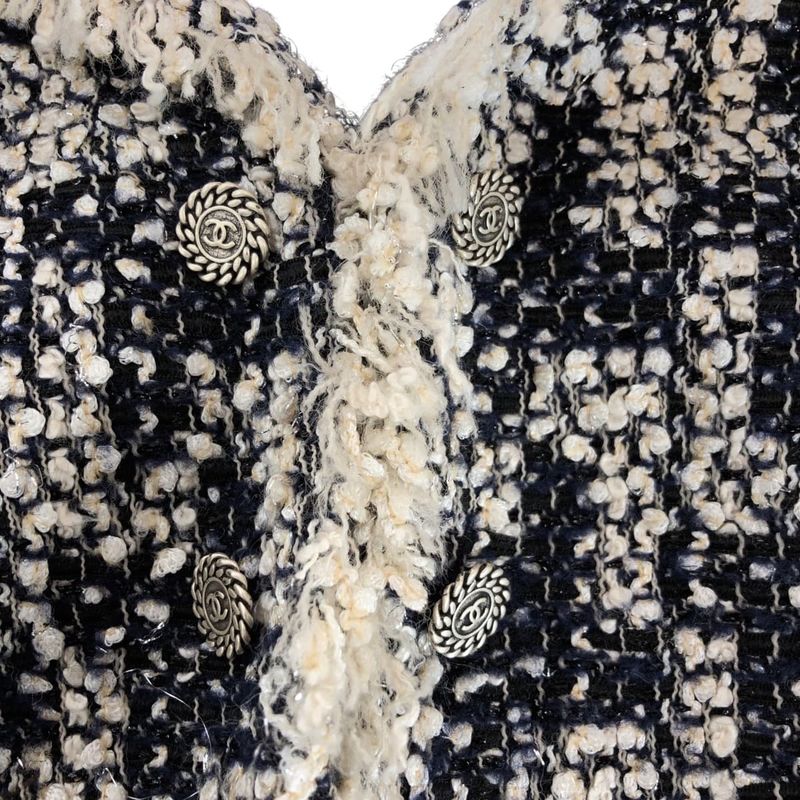 Chanel CC Logo 36 Navy White Tailored Jacket Tweed