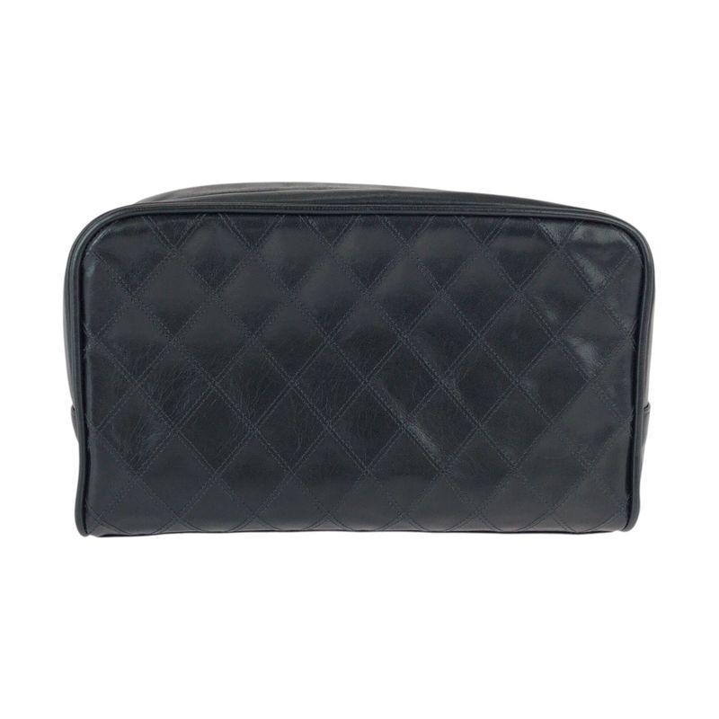 Chanel Bicolor CC Logo Makeup Pouch Black Gold Leather Clutch