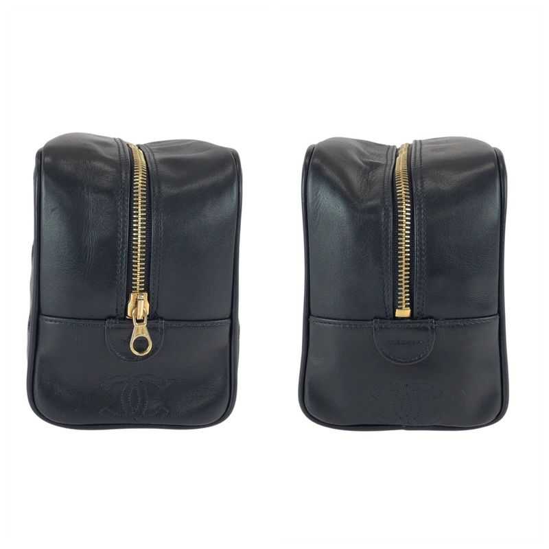 Chanel Bicolor CC Logo Makeup Pouch Black Gold Leather Clutch