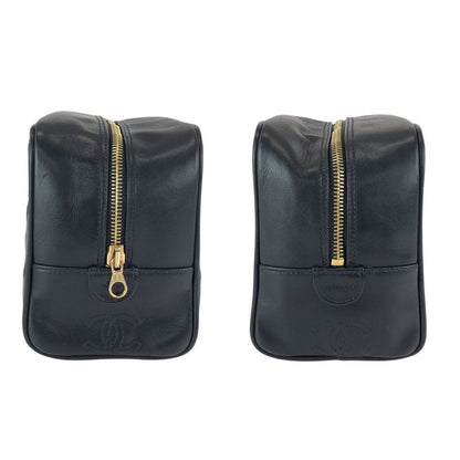 Chanel Bicolor CC Logo Makeup Pouch Black Gold Leather Clutch