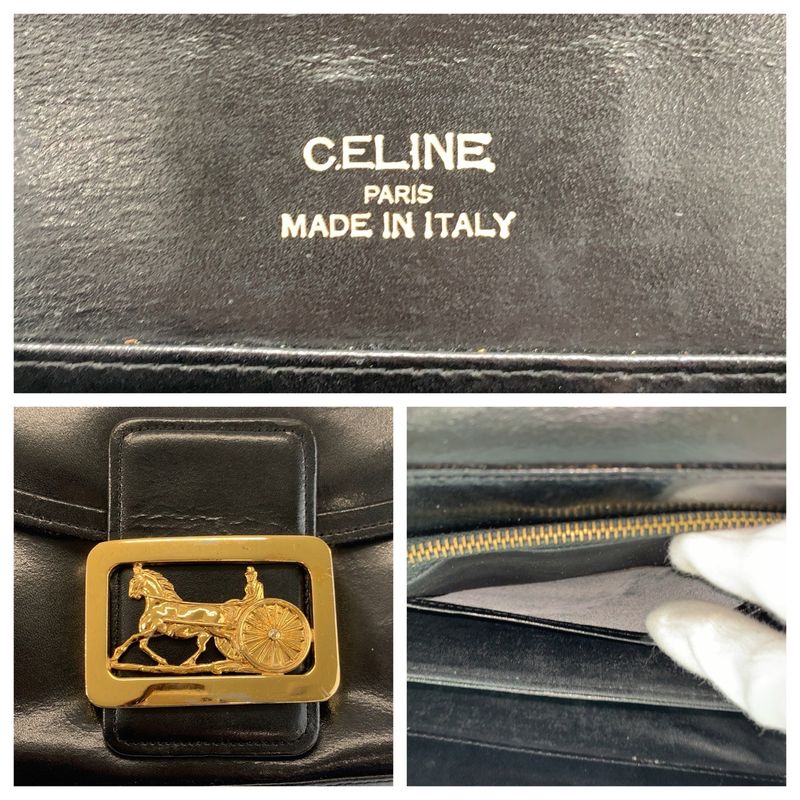 Celine Carriage Black Gold Leather Shoulder Bag