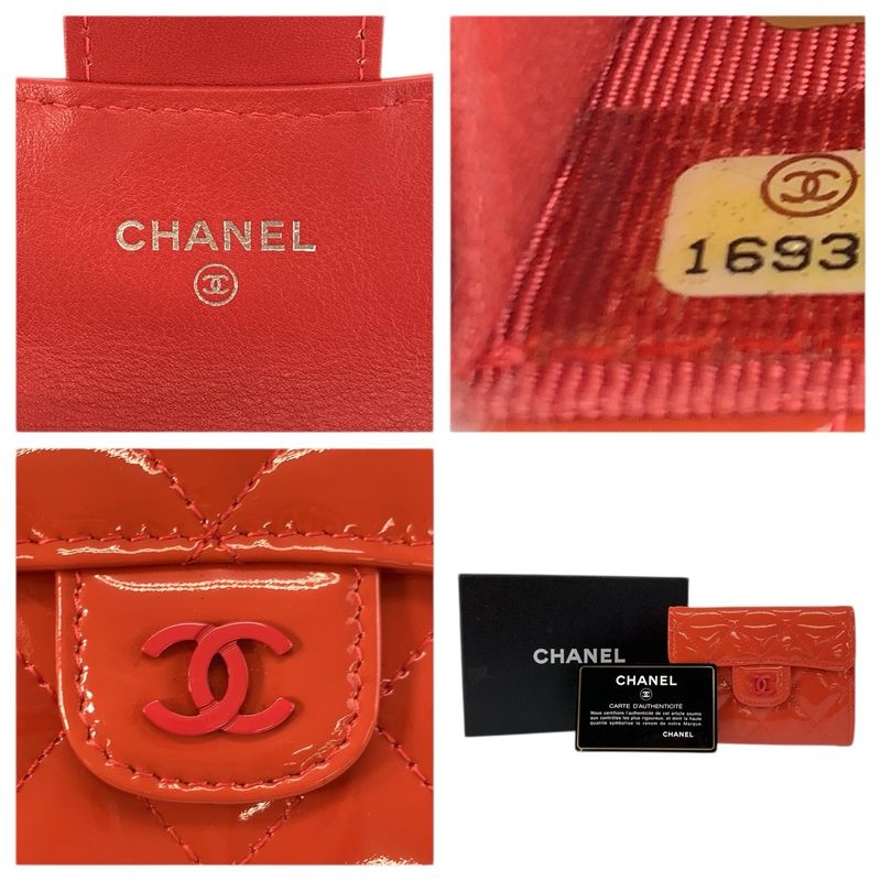 Chanel Quilted CC Logo Orange Patent Leather Coin Case Card