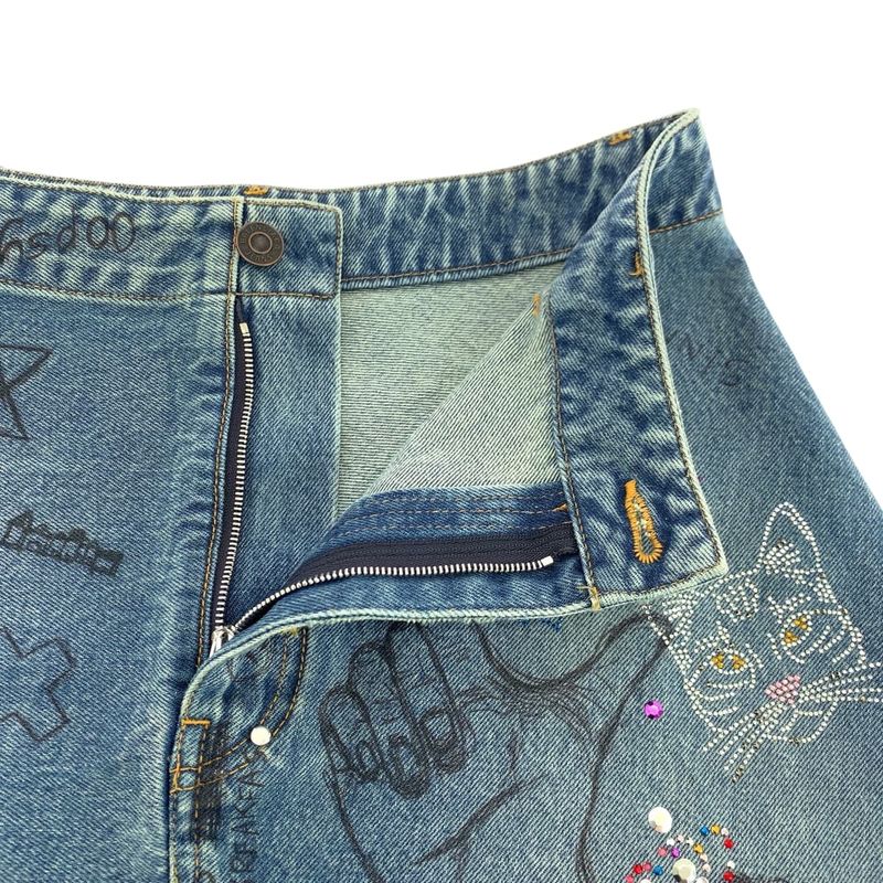 Balenciaga Graphic Print Line Stone 36 Blue Multicolor Denim Mini Skirt
