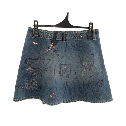 Balenciaga Graphic Print Line Stone 36 Blue Multicolor Denim Mini Skirt